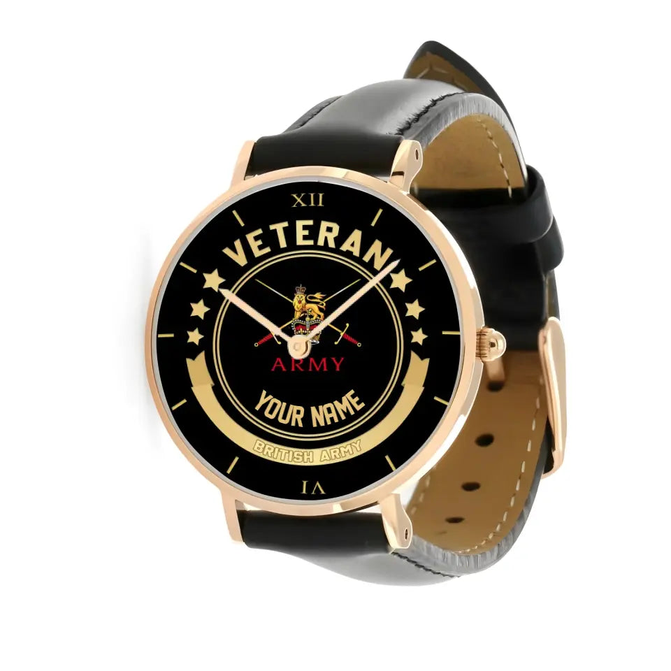 Montre personnalisée en cuir noir avec coutures noires pour soldat/vétéran du Royaume-Uni - 1103240001 - Version dorée