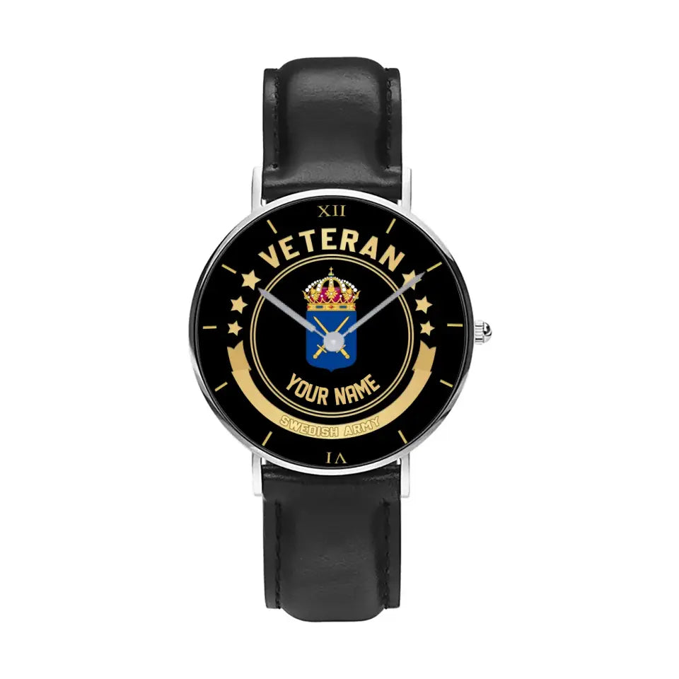 Montre personnalisée en cuir noir avec nom de soldat/vétéran suédois - 1103240001 - Version dorée