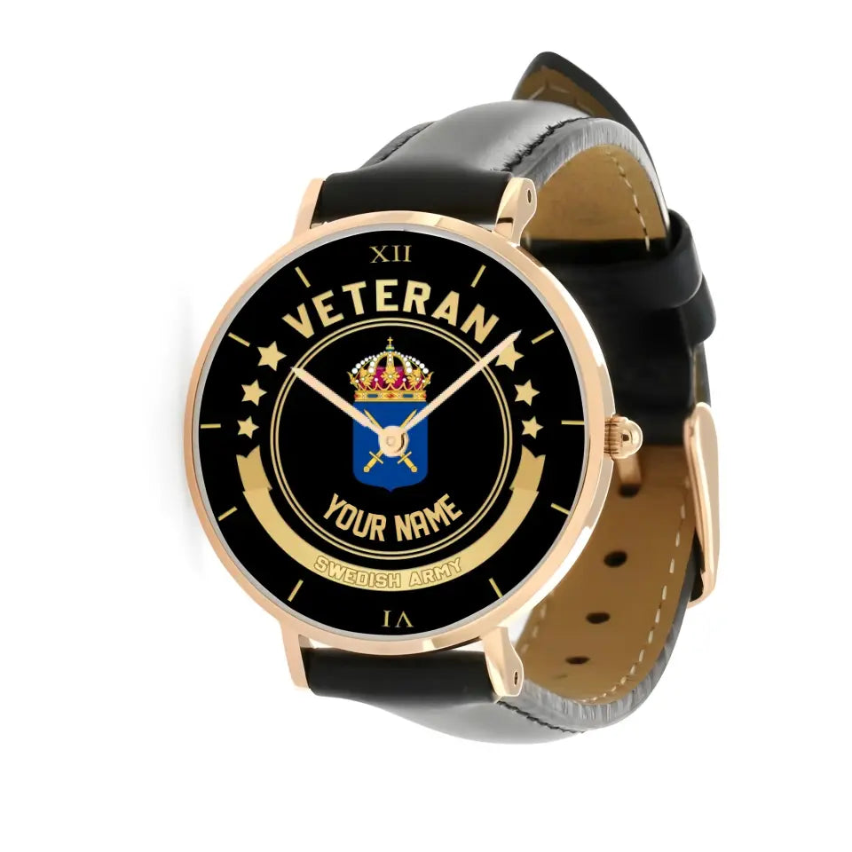 Personalized Sweden Soldier/ Veteran With Name Black Stitched Leather Watch - 1103240001 - Gold Version