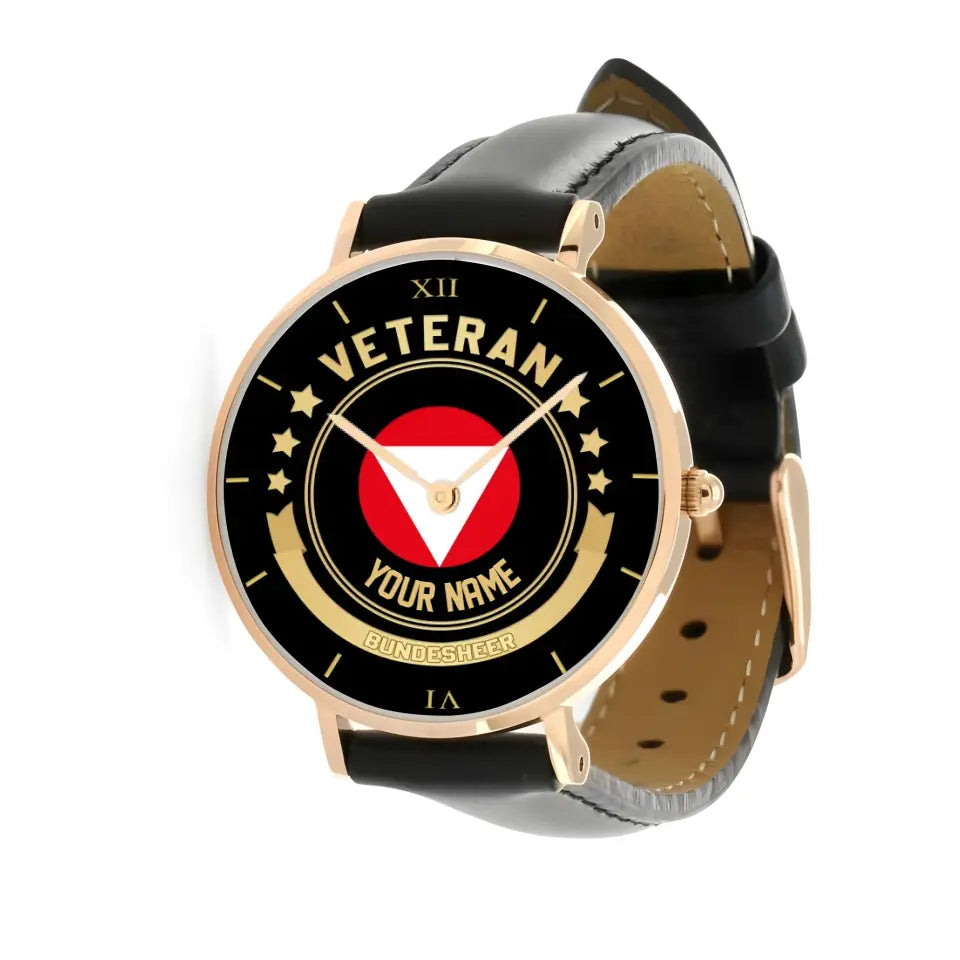 Montre personnalisée en cuir noir avec coutures noires pour soldat/vétéran autrichien - 1103240001 - Version dorée