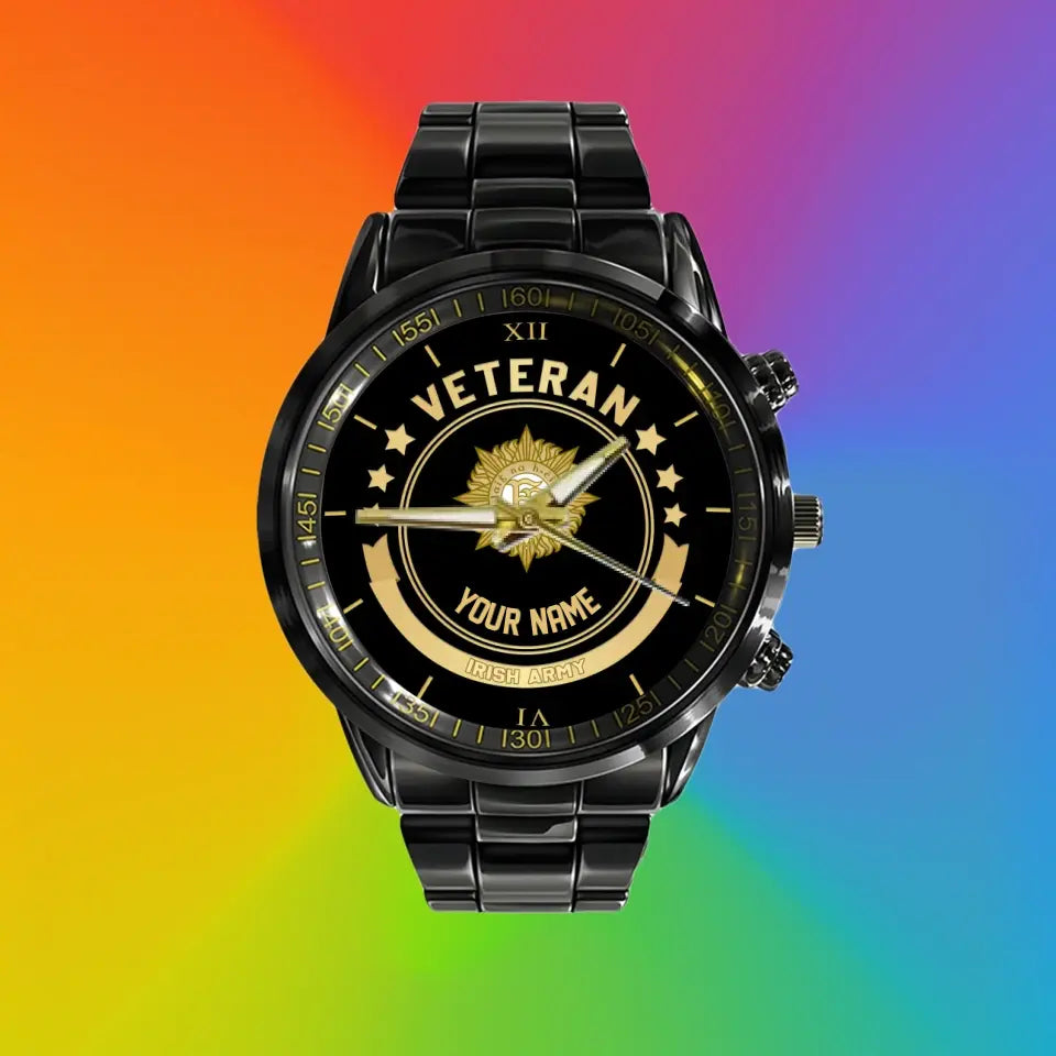 Personalized Ireland Soldier/ Veteran With Name Black Stainless Steel Watch - 1103240001 - Gold Version