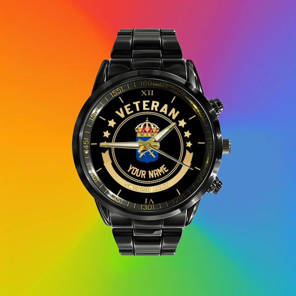 Personalized Sweden Soldier/ Veteran With Name Black Stainless Steel Watch - 1103240001 - Gold Version