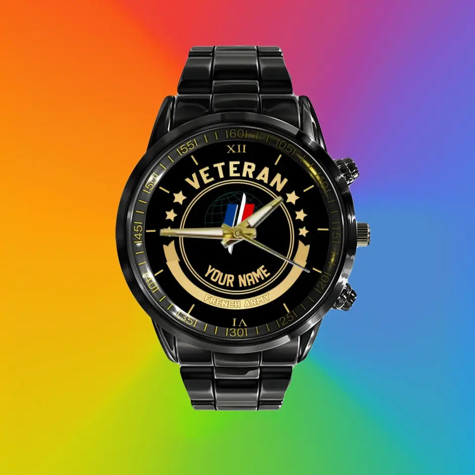 Montre personnalisée soldat/vétéran de la France avec nom en acier inoxydable noir - 1103240001 - Version dorée