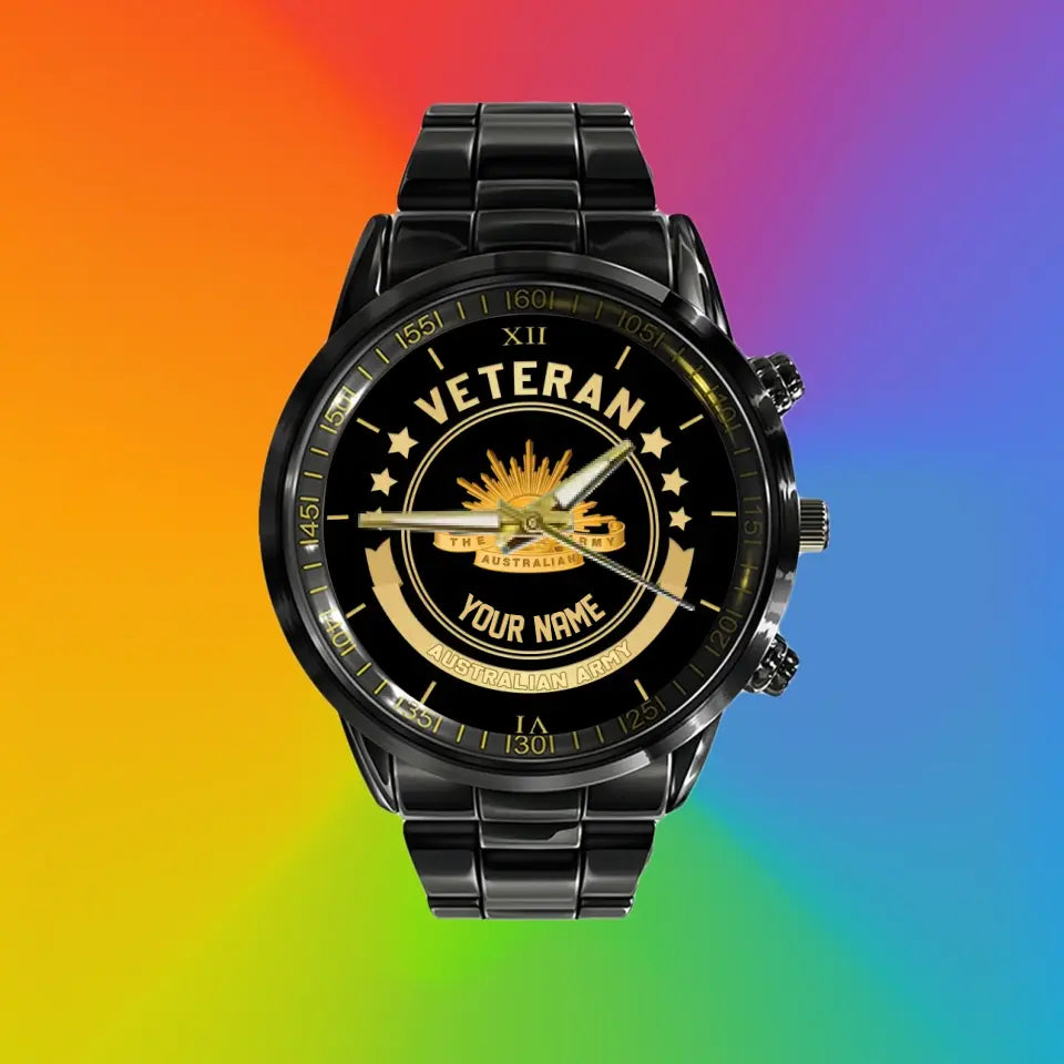 Personalized Australian Soldier/ Veteran With Name Black Stainless Steel Watch - 1103240001 - Gold Version