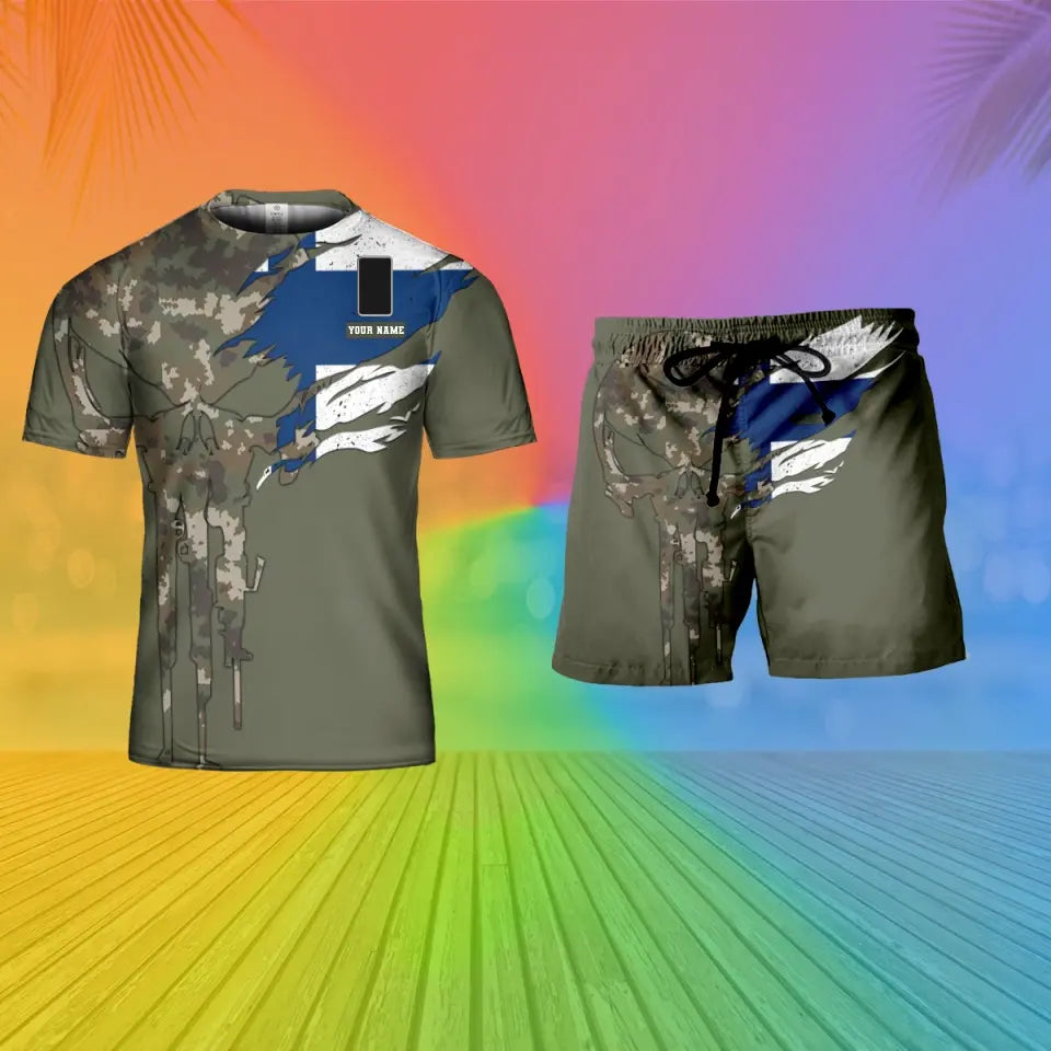 Personalisierter finnischer Soldat/Veteran, Camouflage, mit Namen und Rang, Kombi-T-Shirt + Short, 3D-Druck