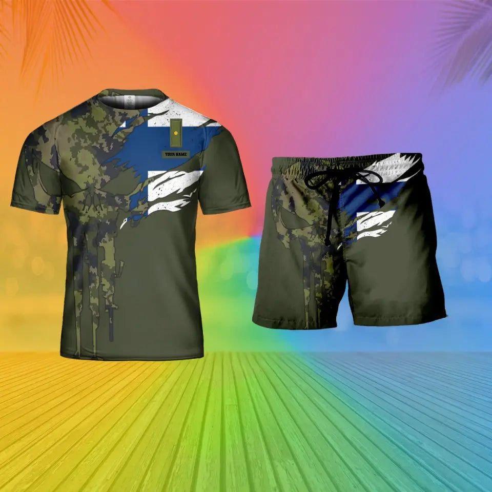 Personalisierter finnischer Soldat/Veteran, Camouflage, mit Namen und Rang, Kombi-T-Shirt + Short, 3D-Druck