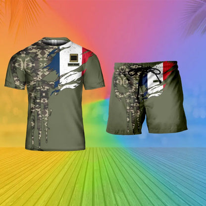 T-shirt personnalisé avec camouflage soldat/vétéran de la France avec nom et grade combinés + short imprimés en 3D