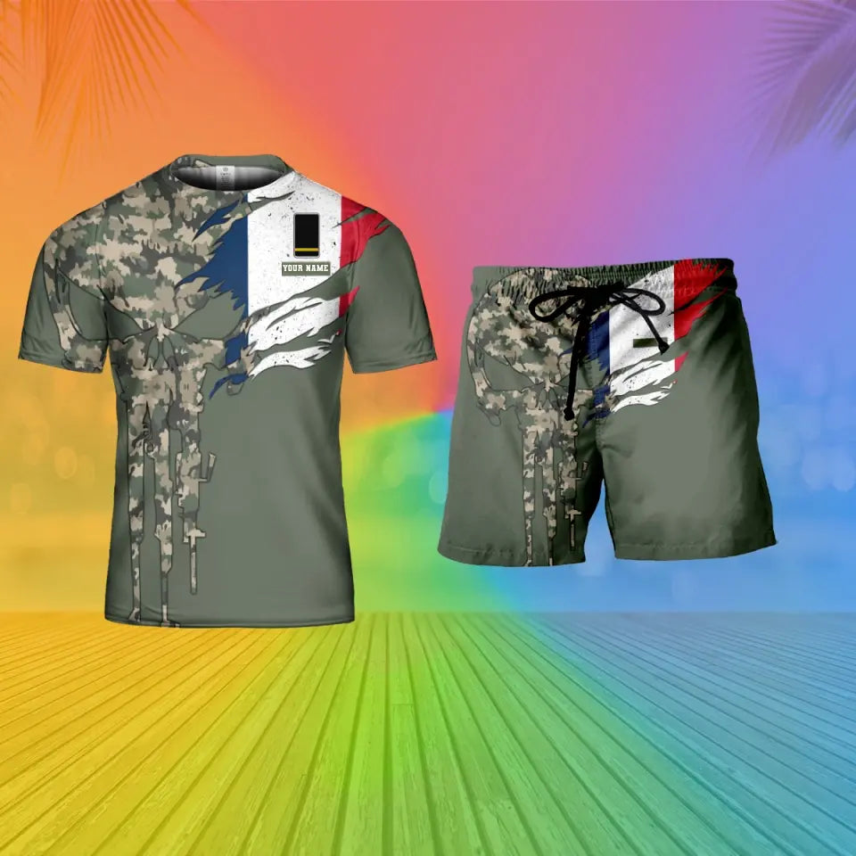 T-shirt personnalisé avec camouflage soldat/vétéran de la France avec nom et grade combinés + short imprimés en 3D