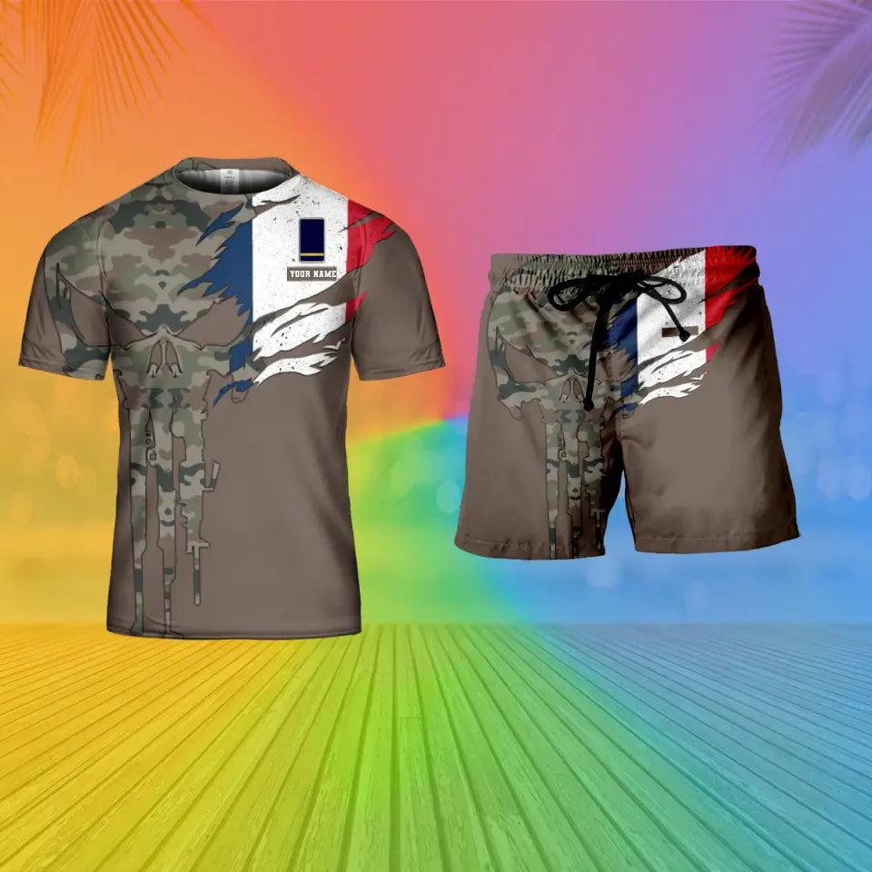 Personalized France Soldier/ Veteran Camo With Name And Rank Combo T-Shirt + Short 3D Printed