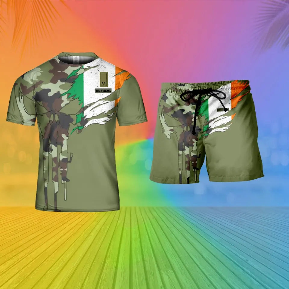 T-shirt personnalisé avec camouflage soldat/vétéran irlandais avec nom et grade + short imprimé en 3D