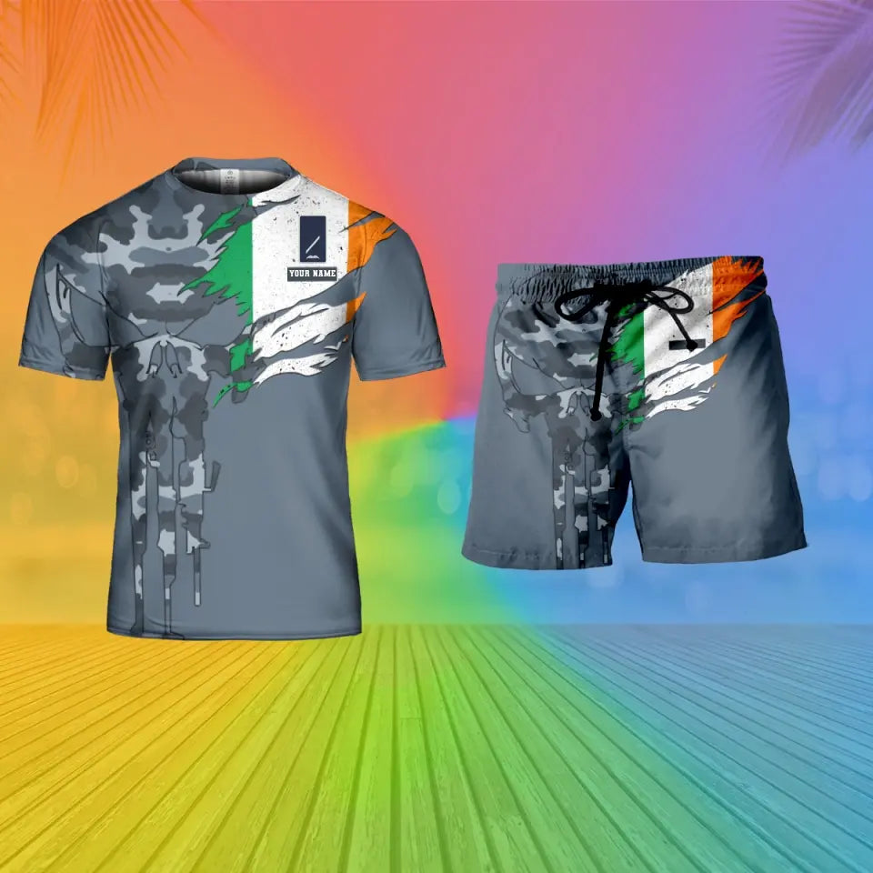 T-shirt personnalisé avec camouflage soldat/vétéran irlandais avec nom et grade + short imprimé en 3D