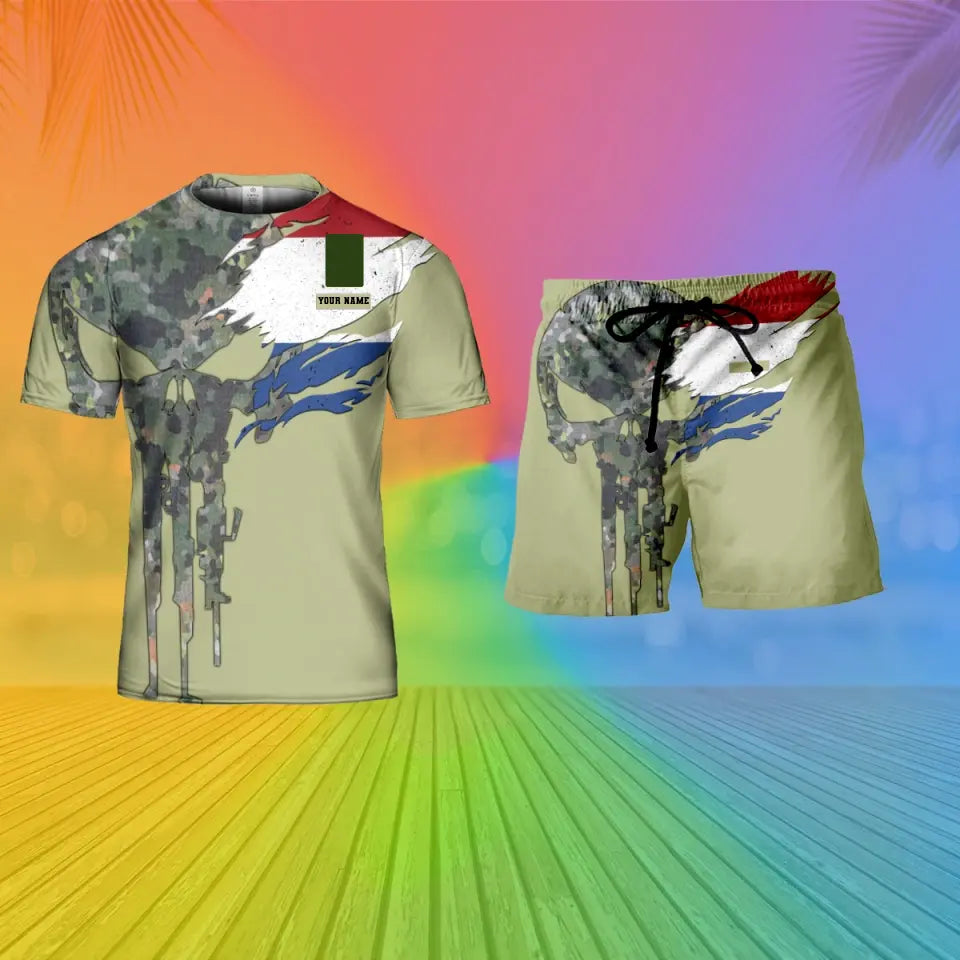 T-shirt personnalisé avec camouflage soldat/vétéran des Pays-Bas avec nom et grade combinés + short imprimé en 3D