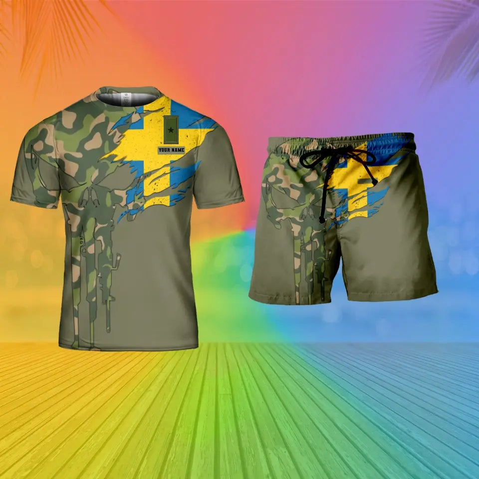 Personalisierter schwedischer Soldat/Veteran, Camouflage mit Namen und Rang, Kombi-T-Shirt + Short, 3D-Druck