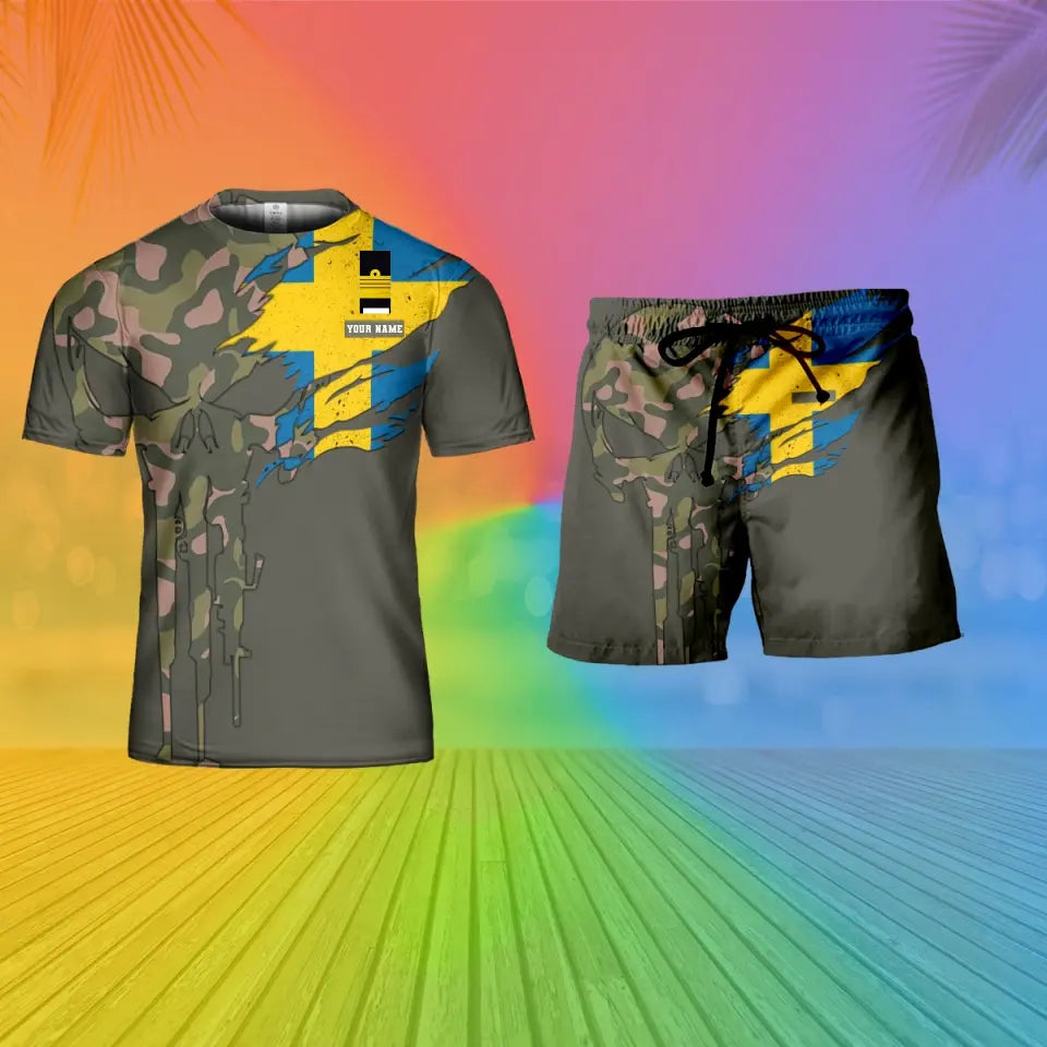 Personalisierter schwedischer Soldat/Veteran, Camouflage mit Namen und Rang, Kombi-T-Shirt + Short, 3D-Druck