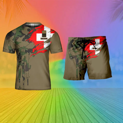 T-shirt personnalisé avec camouflage soldat/vétéran suisse avec nom et grade combinés + short imprimés en 3D