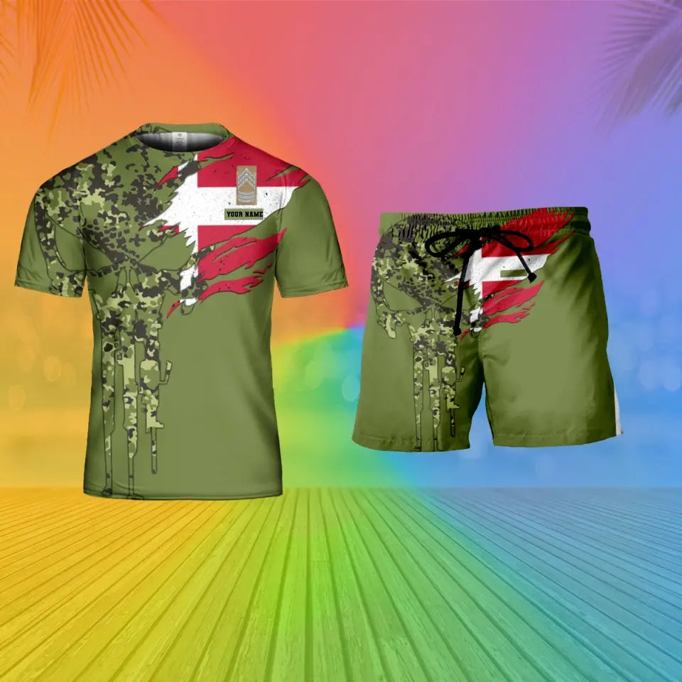 T-shirt personnalisé avec camouflage soldat/vétéran du Danemark avec nom et grade combinés + short imprimés en 3D