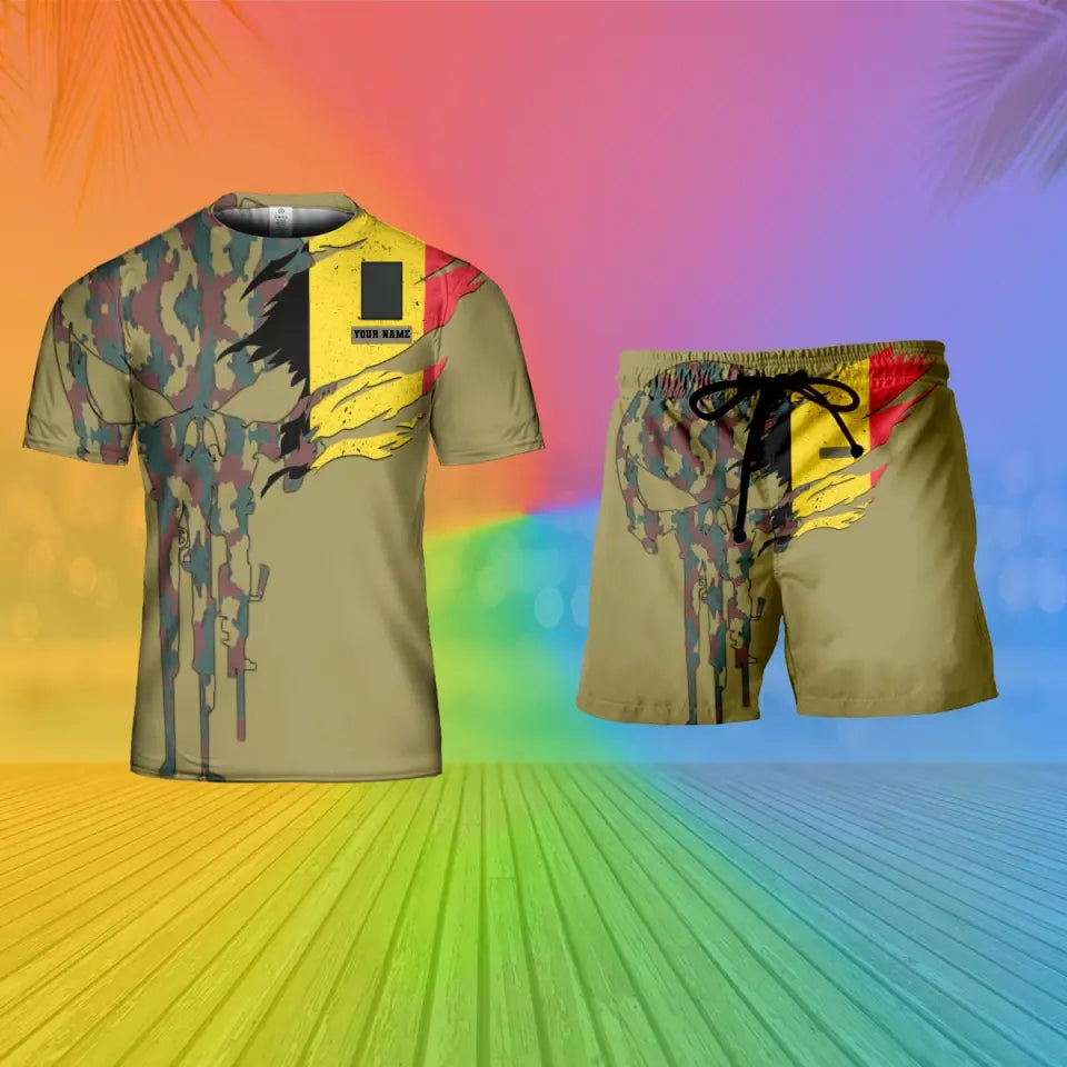 Personalisierter belgischer Soldat/Veteran, Camouflage, mit Namen und Rang, Kombi-T-Shirt + Short, 3D-Druck -