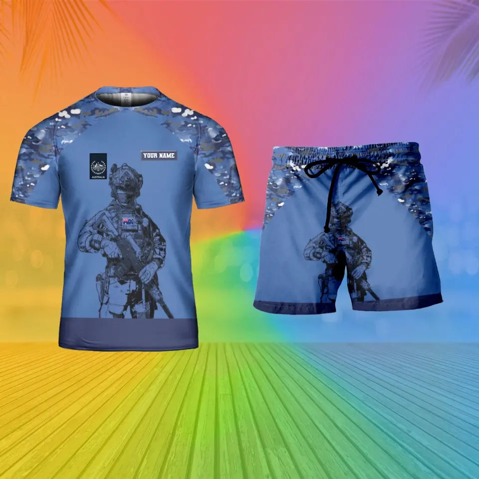 T-shirt personnalisé avec camouflage soldat/vétéran australien avec nom et grade combinés + short imprimé en 3D - 15 mars 2401