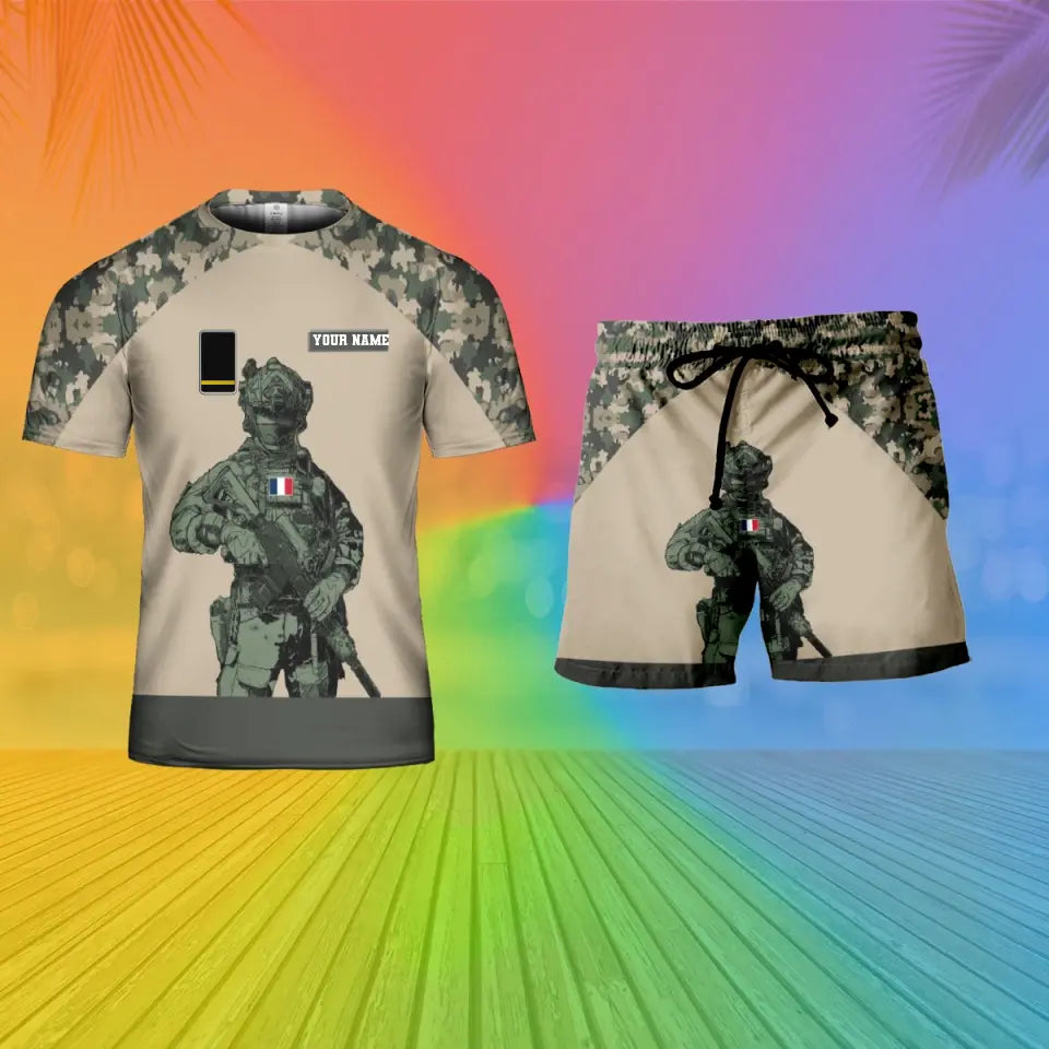 Personalisiertes französisches Soldaten-/Veteranen-Tarnmuster mit Namen und Rang, Kombi-T-Shirt + Shorts, 3D-Druck – 15Mar2401