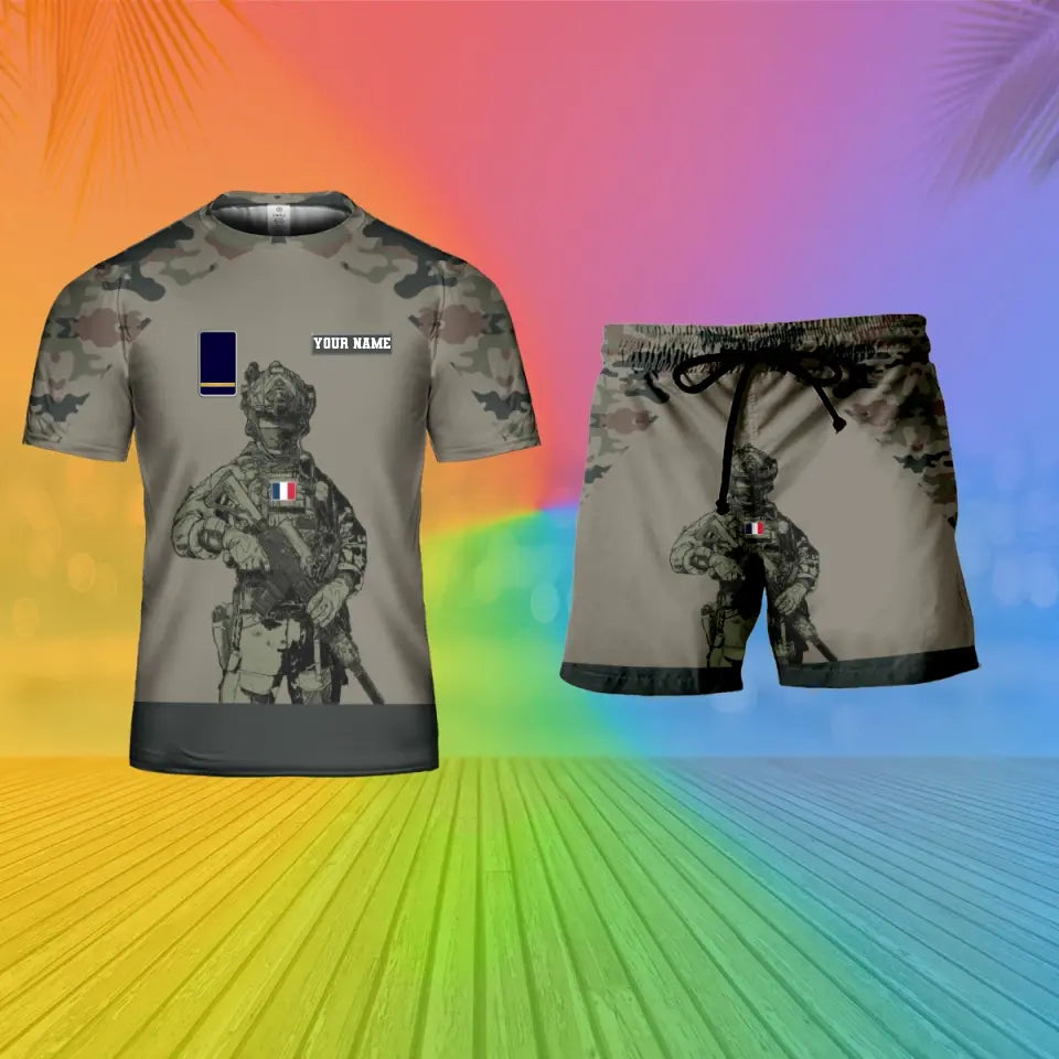 Personalisiertes französisches Soldaten-/Veteranen-Tarnmuster mit Namen und Rang, Kombi-T-Shirt + Shorts, 3D-Druck – 15Mar2401