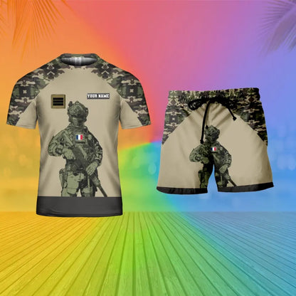 Personalisiertes französisches Soldaten-/Veteranen-Tarnmuster mit Namen und Rang, Kombi-T-Shirt + Shorts, 3D-Druck – 15Mar2401