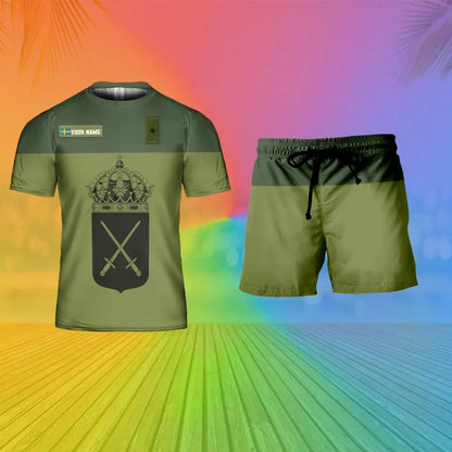 Personalisierter schwedischer Soldat/Veteran, Camouflage, mit Namen und Rang, Kombi-T-Shirt + Short, 3D-Druck – 15Mar2401