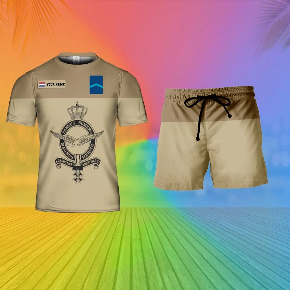 Personalisiertes niederländisches Soldaten-/Veteranen-Tarnmuster mit Namen und Rang, Kombi-T-Shirt + Short, 3D-Druck – 15Mar2401