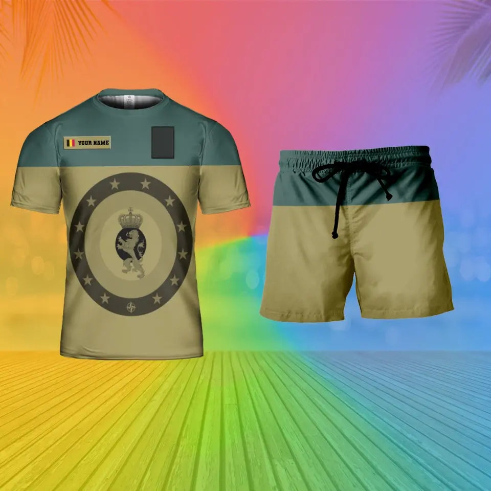 Personalisierter belgischer Soldat/Veteran, Camouflage, mit Namen und Rang, Kombi-T-Shirt + Short, 3D-Druck – 15Mar2401