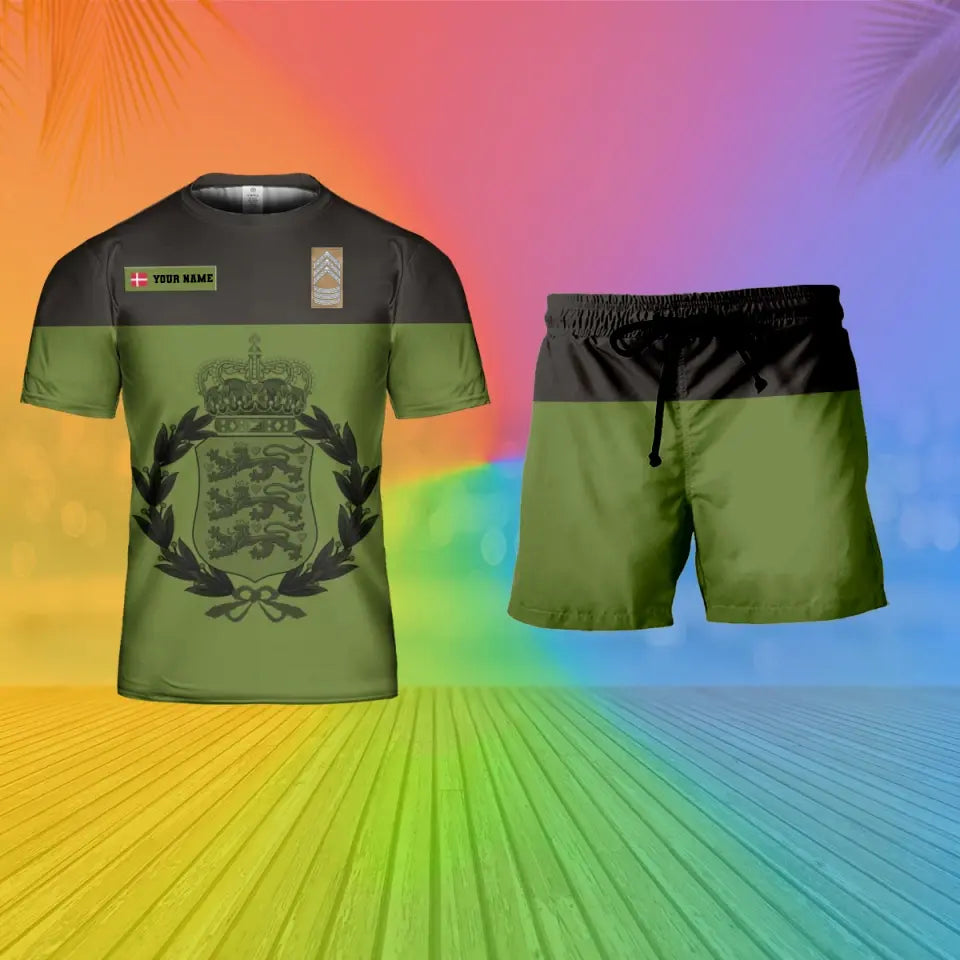 Personalisiertes dänisches Soldaten-/Veteranen-Tarnmuster mit Namen und Rang, Kombi-T-Shirt + Shorts, 3D-Druck -15Mar2401