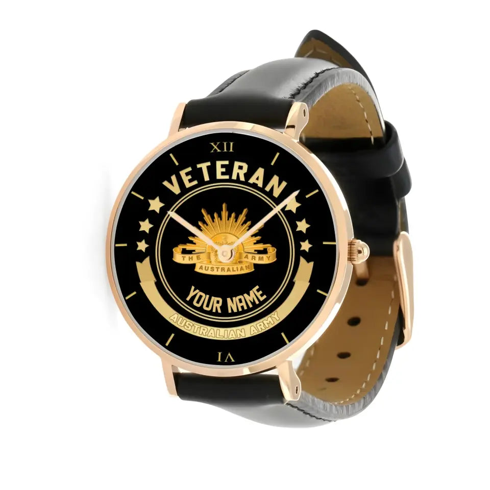 Montre personnalisée en cuir noir avec coutures noires pour soldat/vétéran australien - 1103240001 - Version dorée