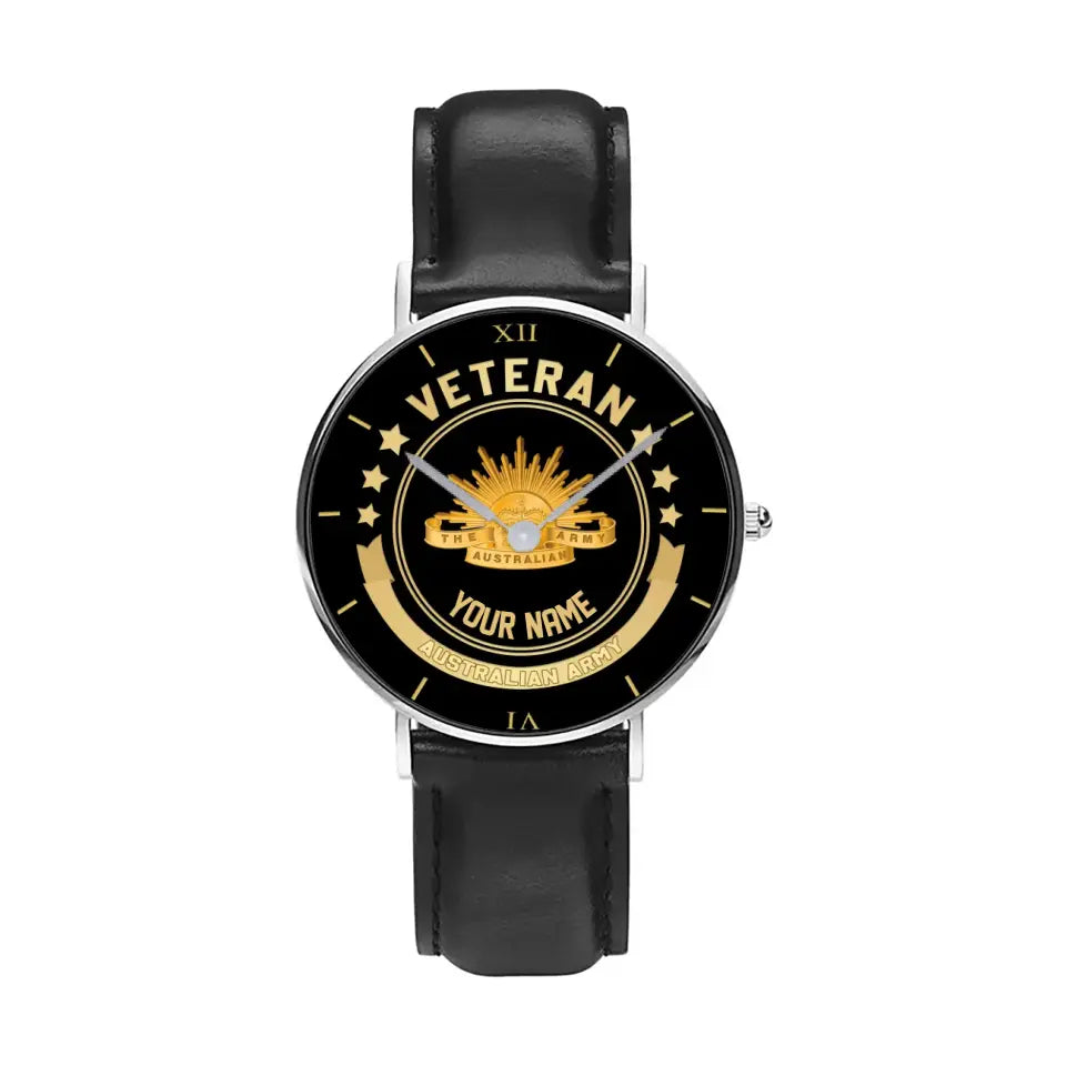 Montre personnalisée en cuir noir avec coutures noires pour soldat/vétéran australien - 1103240001 - Version dorée