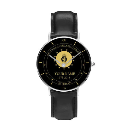 Personalized Belgium Soldier/ Veteran With Name And Year Black Stitched Leather Watch - 1603240001- Gold Version