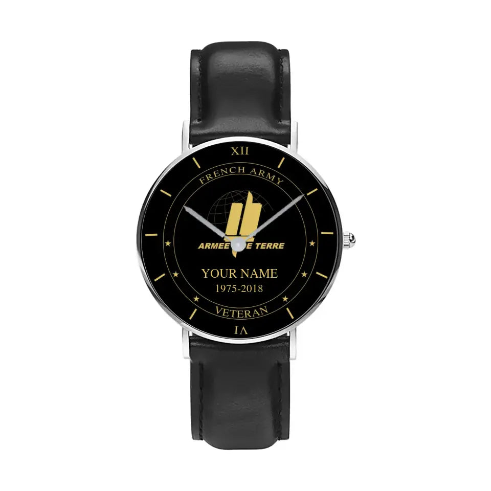 Personalized France Soldier/ Veteran With Name And Year Black Stitched Leather Watch - 1603240001 - Gold Version