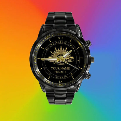 Montre personnalisée en acier inoxydable noir pour soldat/vétéran australien avec nom et année - 1603240001 - Version dorée