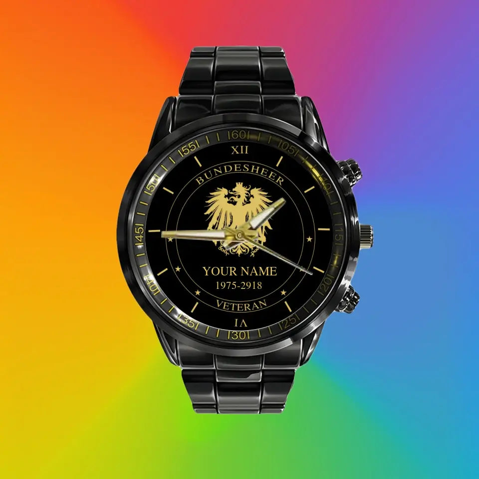 Personalized Austria Soldier/ Veteran With Name And Year Black Stainless Steel Watch - 1603240001 - Gold Version