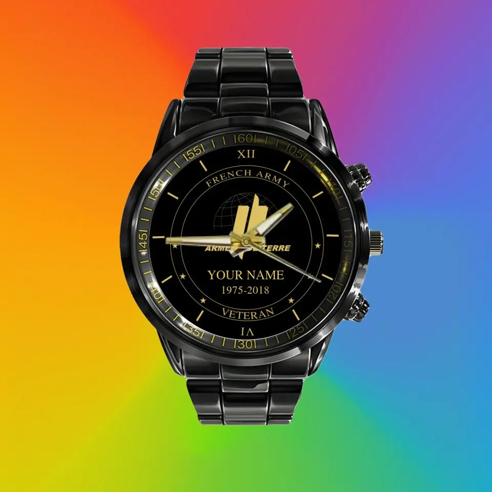 Personalized France Soldier/ Veteran With Name And Year Black Stainless Steel Watch - 1603240001 - Gold Version