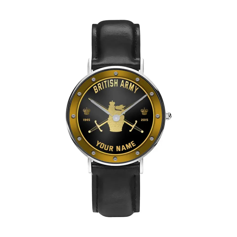 Personalized UK Soldier/ Veteran With Name, Rank And Year Black Stitched Leather Watch - 1803240001 - Gold Version