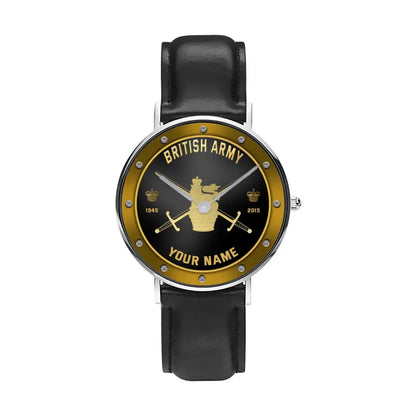 Montre personnalisée en cuir noir avec coutures noires pour soldat/vétéran britannique avec nom, grade et année - 1803240001 - Version dorée