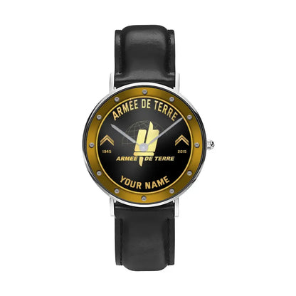 Montre Personnalisée Soldat/Vétéran France Avec Nom, Grade Et Année En Cuir Noir Surpiqué - 1803240001 - Version Or