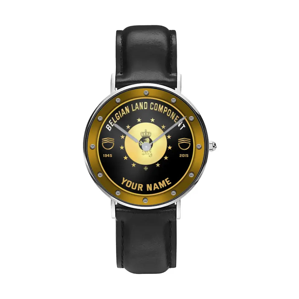 Montre Personnalisée Soldat/Vétéran Belge Avec Nom, Grade Et Année En Cuir Noir Surpiqué - 1803240001 - Version Or