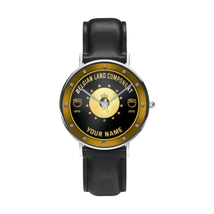 Personalized Belgium Soldier/ Veteran With Name, Rank And Year Black Stitched Leather Watch - 1803240001 - Gold Version