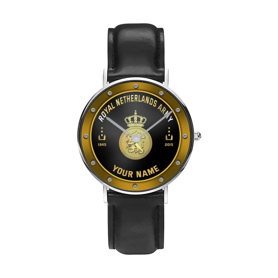 Personalized Netherlands Soldier/ Veteran With Name, Rank And Year Black Stitched Leather Watch - 1803240001 - Gold Version