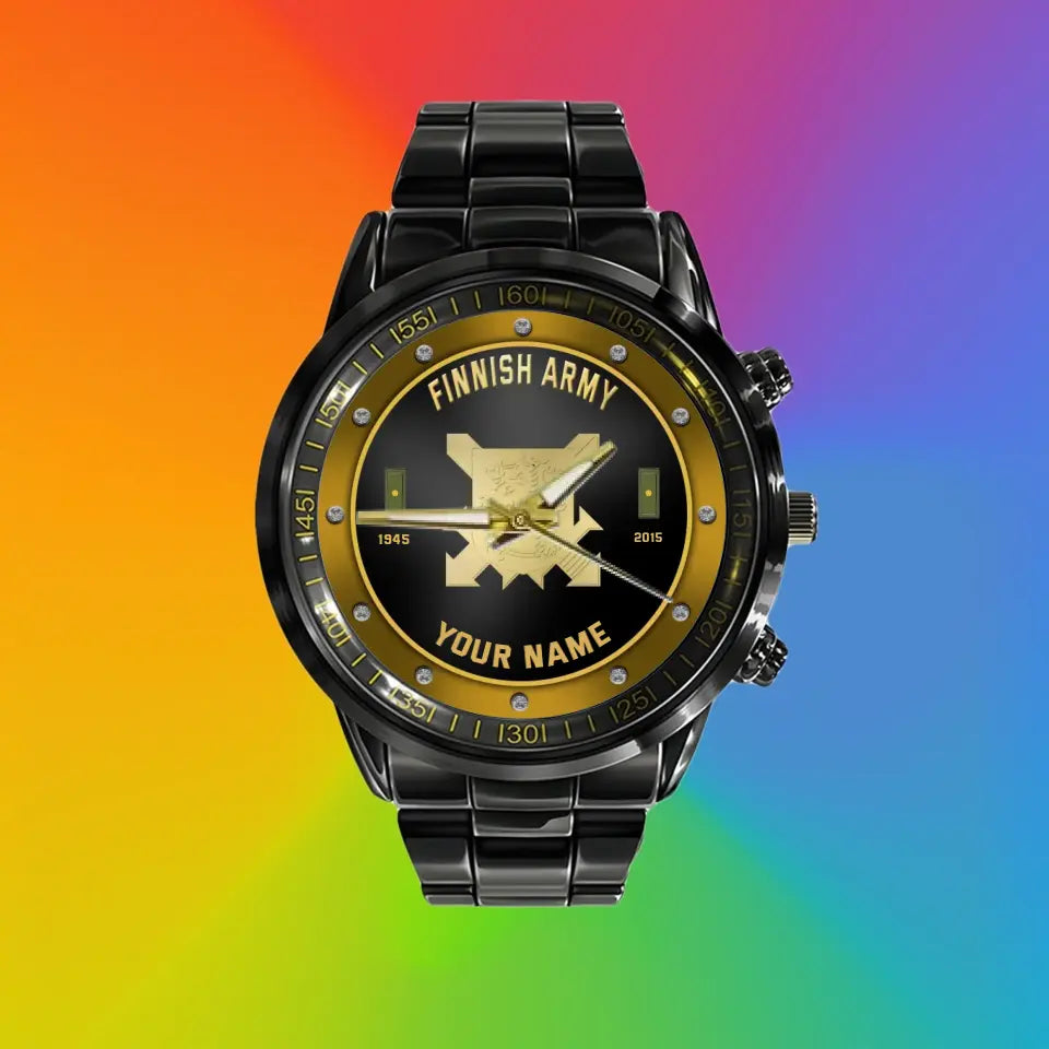 Personalisierte finnische Soldat/Veteran mit Namen, Rang und Jahr schwarze Edelstahluhr - 1803240001 - Goldversion