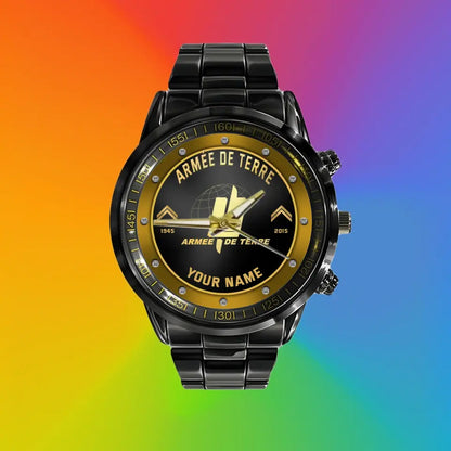 Montre Personnalisée Soldat/Vétéran France Avec Nom, Grade Et Année En Acier Inoxydable Noir - 1803240001 - Version Or