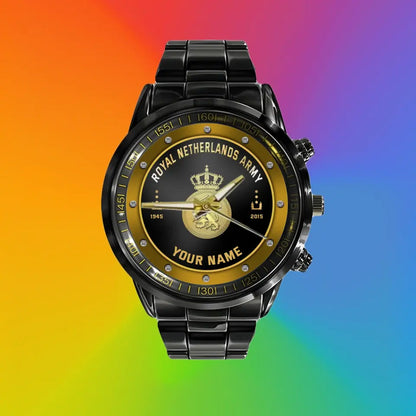 Personalized Netherlands Soldier/ Veteran With Name, Rank And Year Black Stainless Steel Watch - 1803240001 - Gold Version