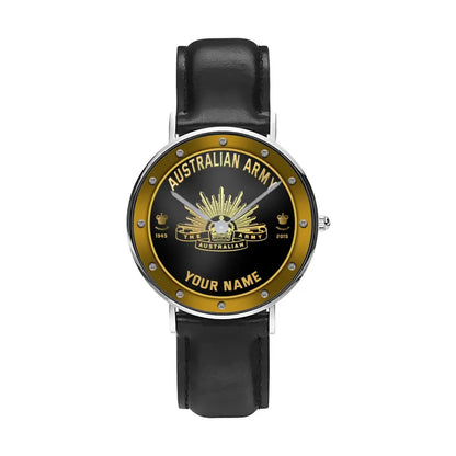 Montre personnalisée en cuir noir avec coutures noires pour soldat/vétéran australien avec nom, grade et année - 1803240001 - Version dorée