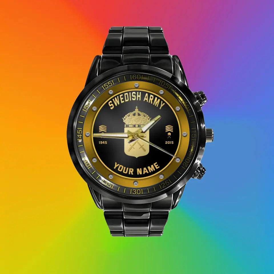 Personalized Sweden Soldier/ Veteran With Name, Rank And Year Black Stainless Steel Watch - 1803240001 - Gold Version