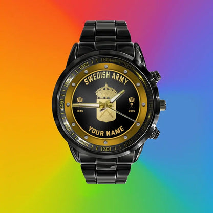 Personalized Sweden Soldier/ Veteran With Name, Rank And Year Black Stainless Steel Watch - 1803240001 - Gold Version