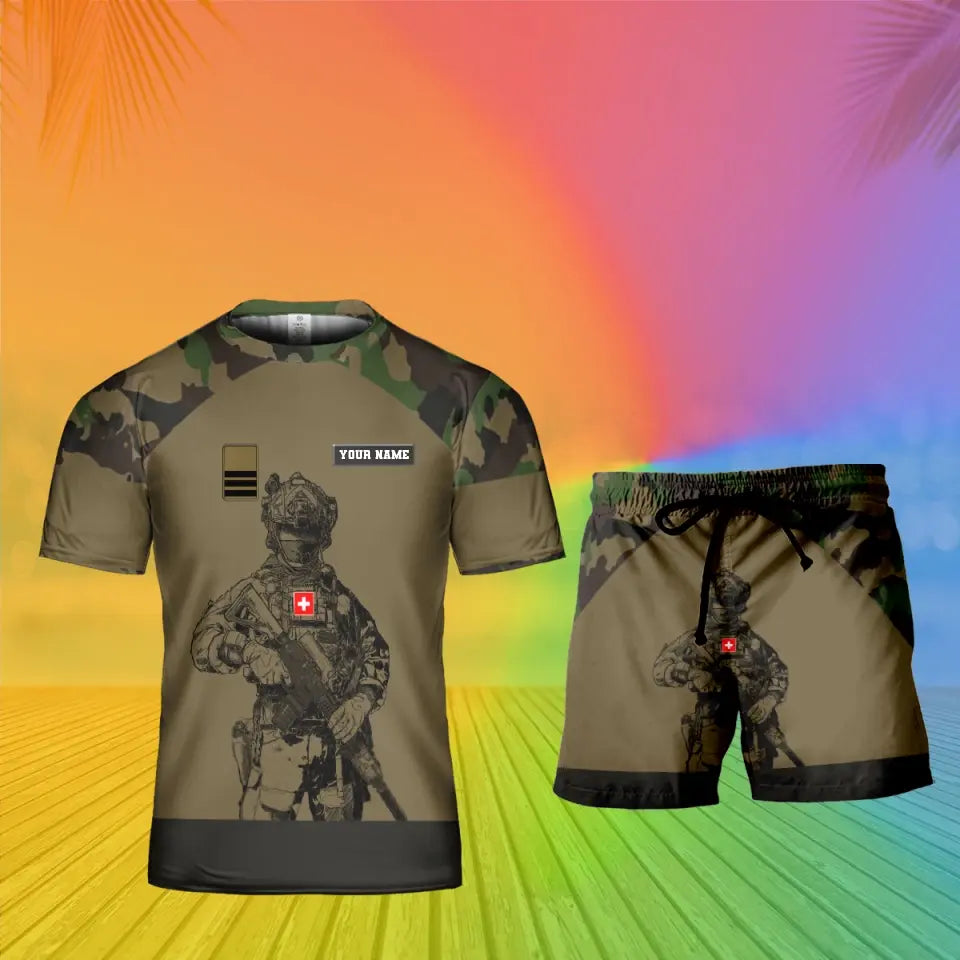 Personalisiertes Schweizer Soldat/Veteranen-Tarnmuster mit Namen und Rang, Kombi-T-Shirt + Short, 3D-Druck -19Mar2401