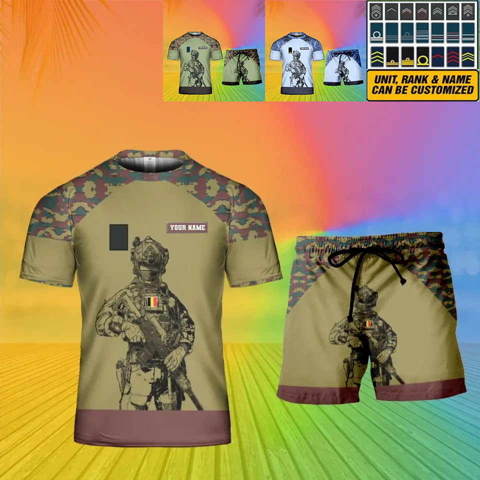 Personalisierter belgischer Soldat/Veteran, Camouflage, mit Namen und Rang, Kombi-T-Shirt + Short, 3D-Druck – 19Mar2401